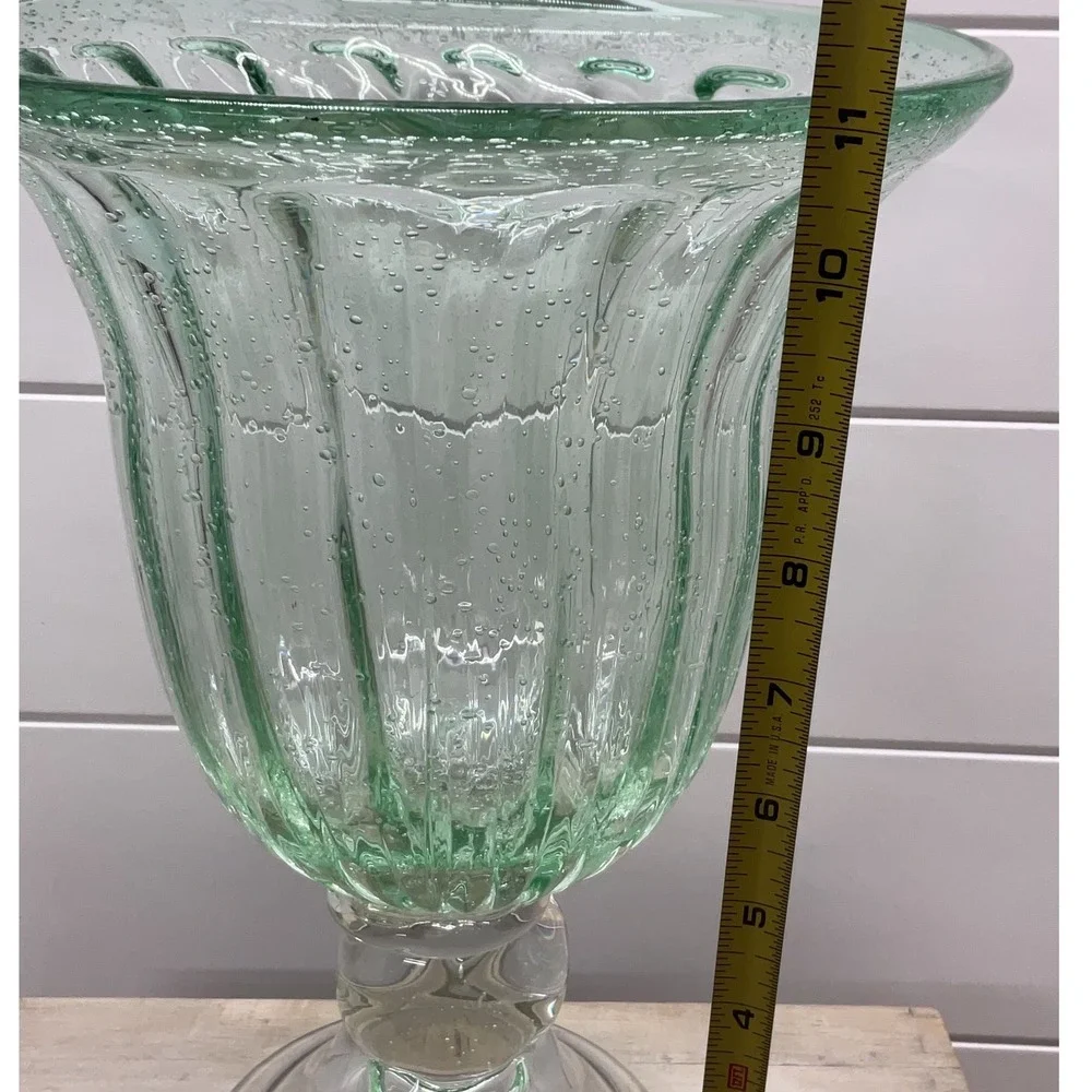 Green Seeded Glass Optic Ribbed Footed Hurricane Vase 11.5 Inch Centerpiece